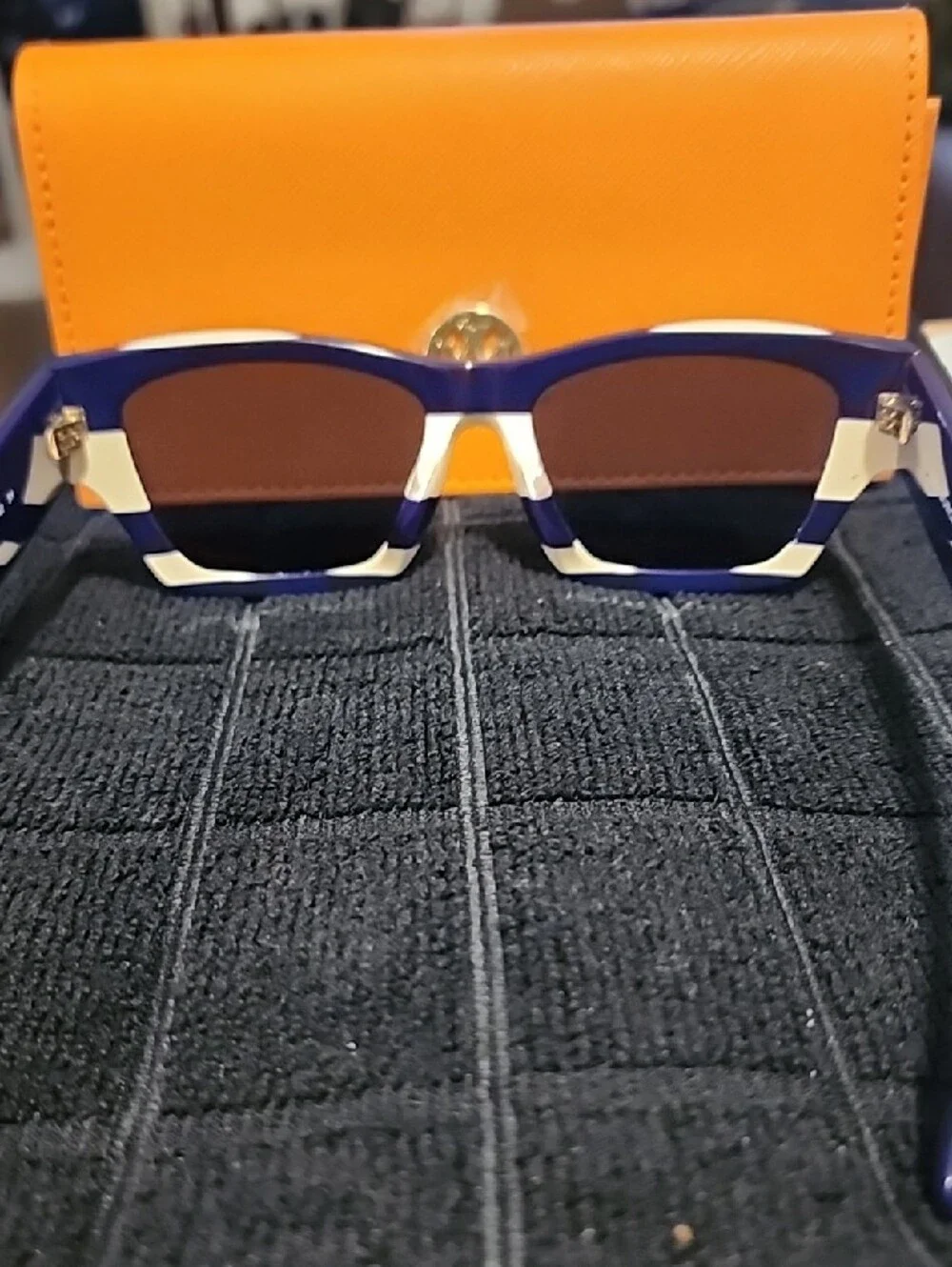 Tory Burch Blue and White Striped Sunglasses with Orange Case